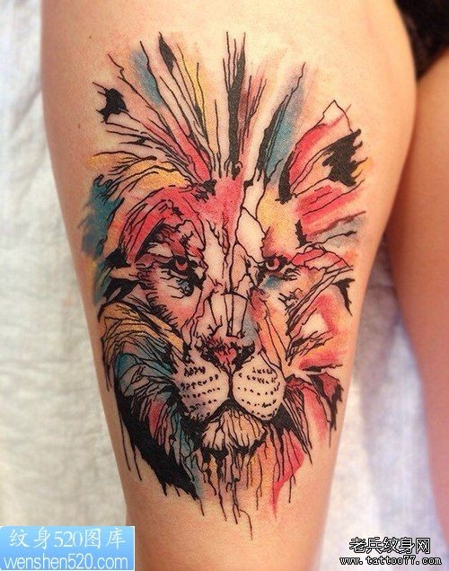 Illustrative style thigh tattoo of big lion head