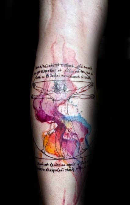 Image style colorful leg tattoo of Vitruvian man combined with lettering