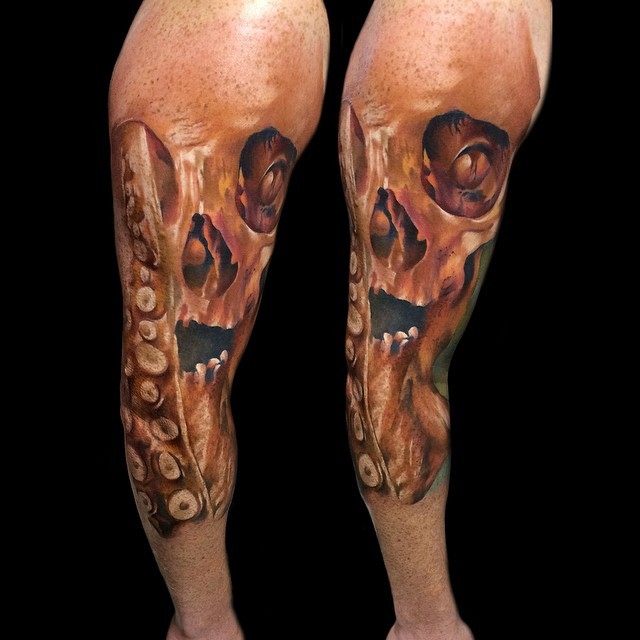 Impressive 3D like colored skull tattoo with octopus  parts