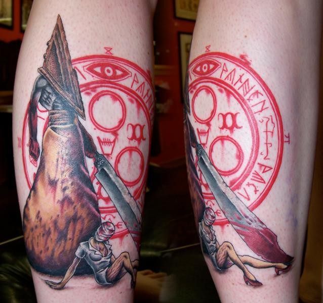 Impressive 3D style colored Silent Hill monsters tattoo on leg with cult circle