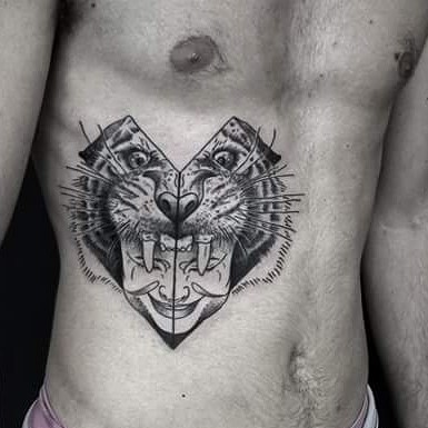 Impressive Asian style belly tattoo of woman with tiger shaped helmet