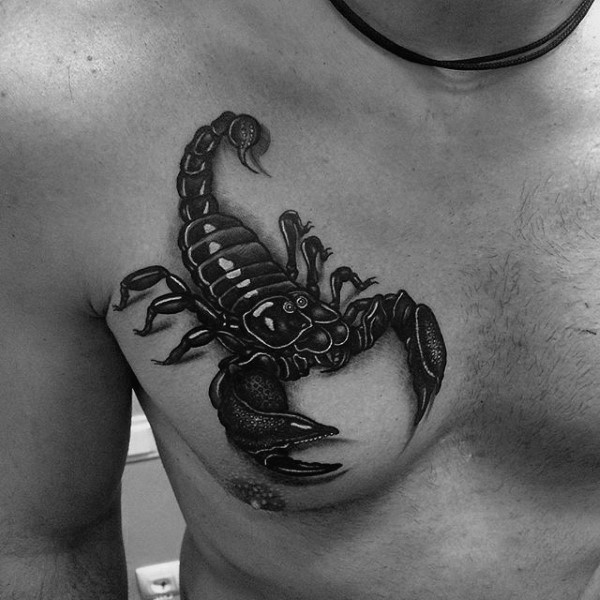 Impressive black and white very detailed scorpion tattoo on chest