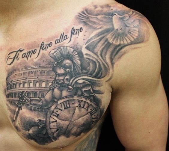 Impressive black ink detailed antic warrior tattoo on chest combined with lettering and pigeon
