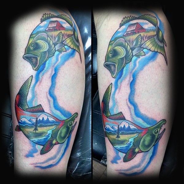 Impressive combined colored fishes stylized with country side tattoo on sleeve