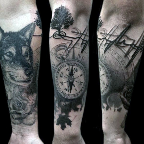 Impressive combined compass with wolf and heart rhythm tattoo on arm