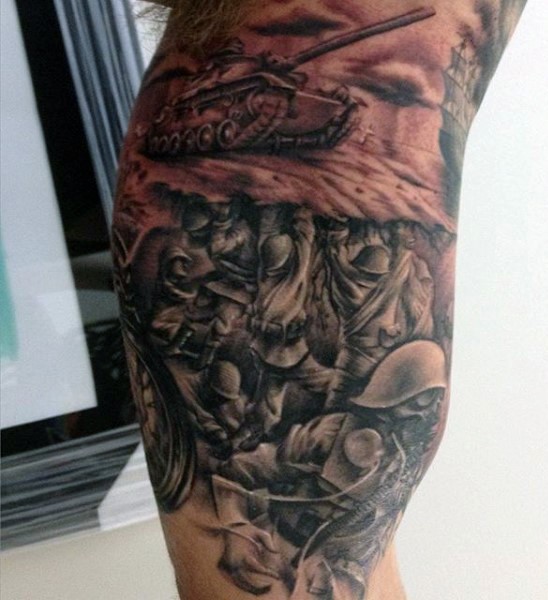 Impressive detailed and colored military tattoo on leg