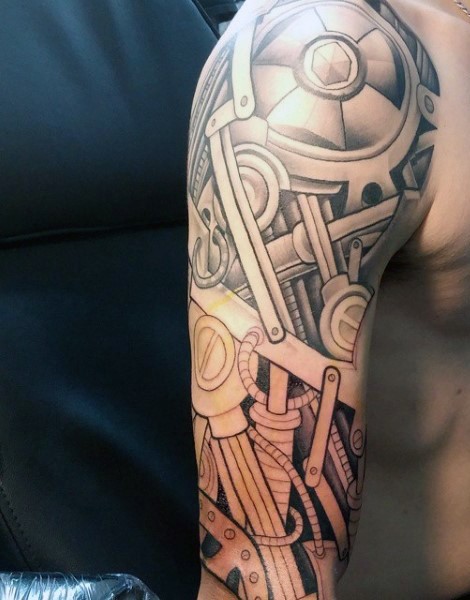 Impressive futuristic black and white mechanic arm tattoo on sleeve
