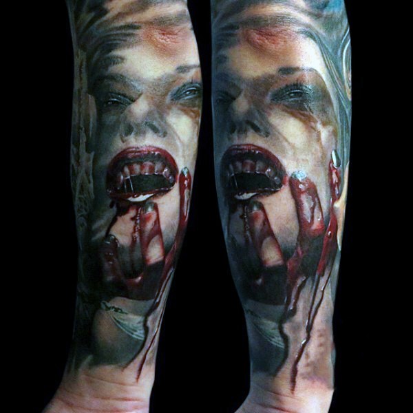 Impressive horrifying bloody vampire woman tattoo on arm