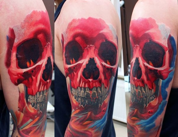 Impressive illustrative style shoulder tattoo of amazing human skull