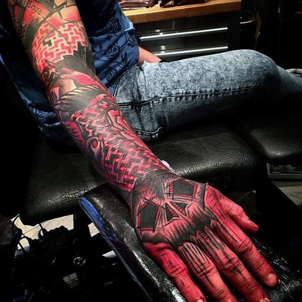 Impressive large multicolored mystical tattoo on sleeve