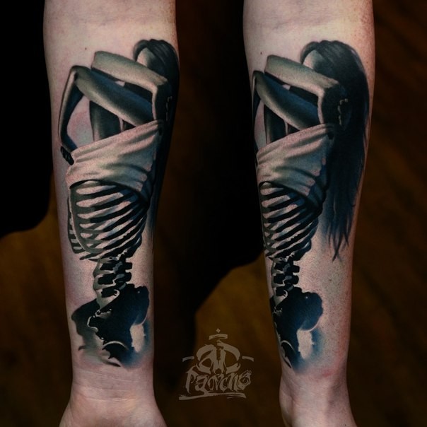 Impressive looking colored forearm tattoo of half woman with skeleton