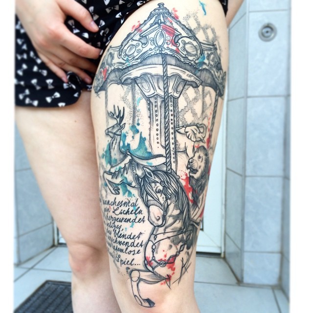 Impressive looking colored thigh tattoo of old various animals with lettering