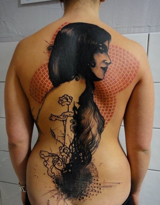 Impressive looking colored whole back tattoo of woman with various ornaments