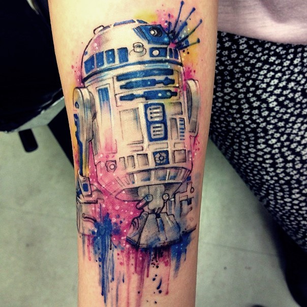 Impressive multicolored awesome watercolor forearm tattoo of Star Wars droid