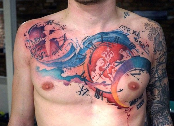 Impressive multicolored different variants of tattoo on chest with lettering