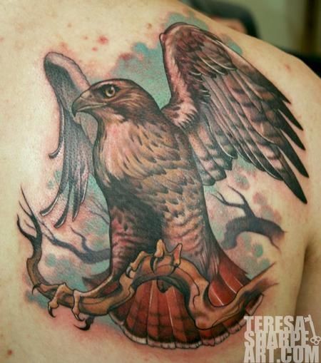 Impressive natural looking colored eagle tattoo on shoulder