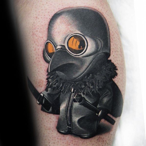 Impressive new school style leg tattoo of small plague doctor with knife