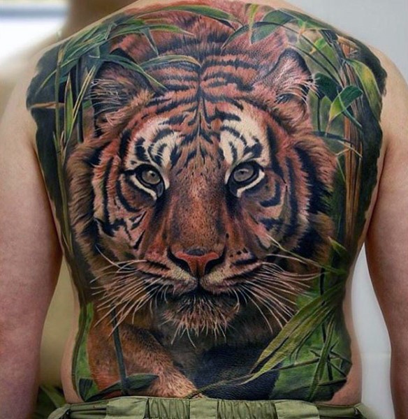 impressionante dipinto grande tigre realistico in cespugli tatuaggio colorato pieno di schiena