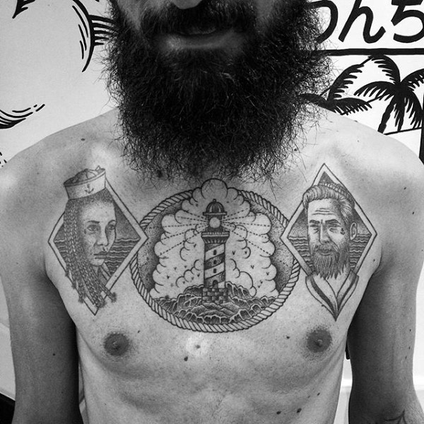 Impressive painted black and white nautical portrait with lighthouse tattoo on chest