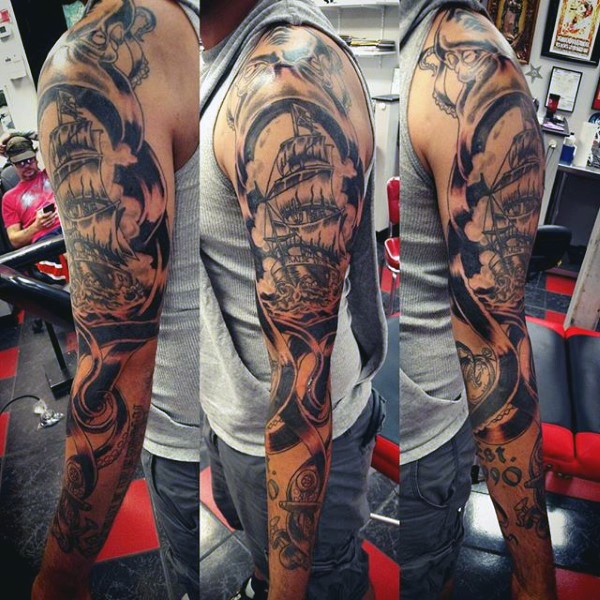 Impressive painted black and white nautical themed tattoo on sleeve
