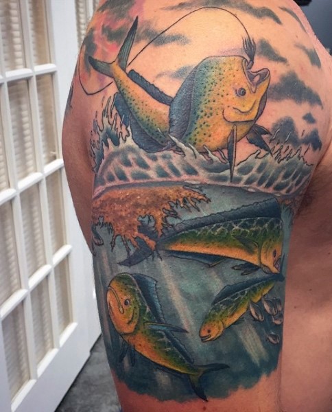 Impressive painted colored unique hooked fish tattoo on half sleeve zone
