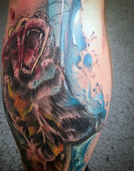 Impressive painted massive roaring bear colored tattoo on leg