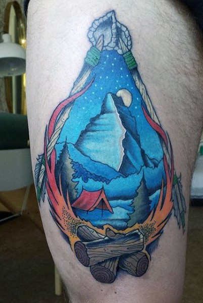 Impressive painted multicolored camping themed tattoo on thigh