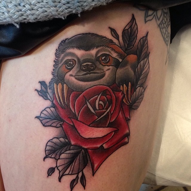 Impressive painted realistic colored sloth with flowers tattoo on thigh
