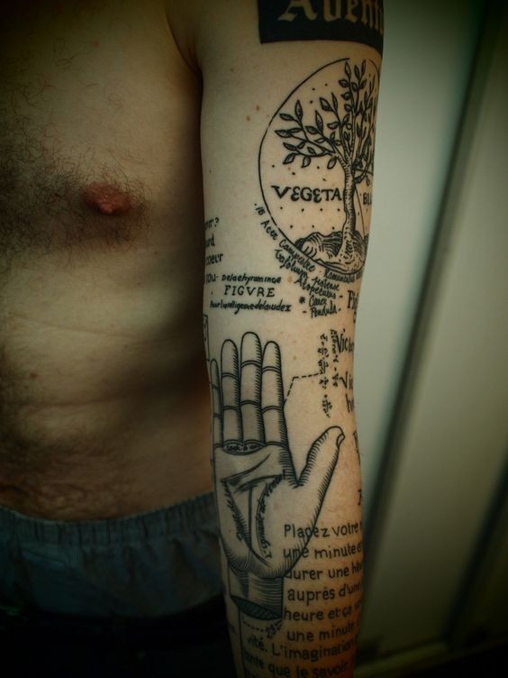 Impressive science style black ink hand tattoo on sleeve stylized with lettering and lonely tree