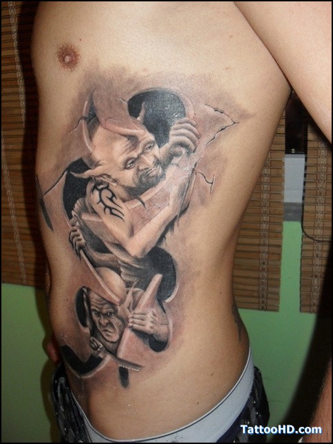Impressive under skin style colored evil monsters tattoo on side