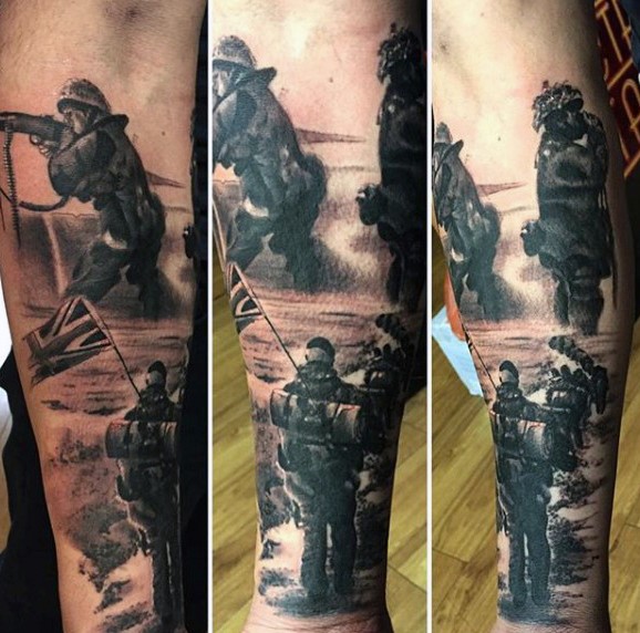 Impressive very realistic looking black and white soldiers tattoo on sleeve