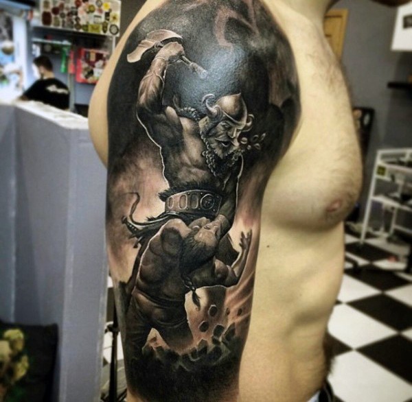 Incredible 3D like colored fantasy warrior tattoo on half sleeve