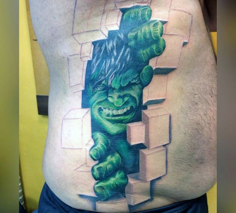 Incredible 3D like detailed side tattoo of under skin Hulk