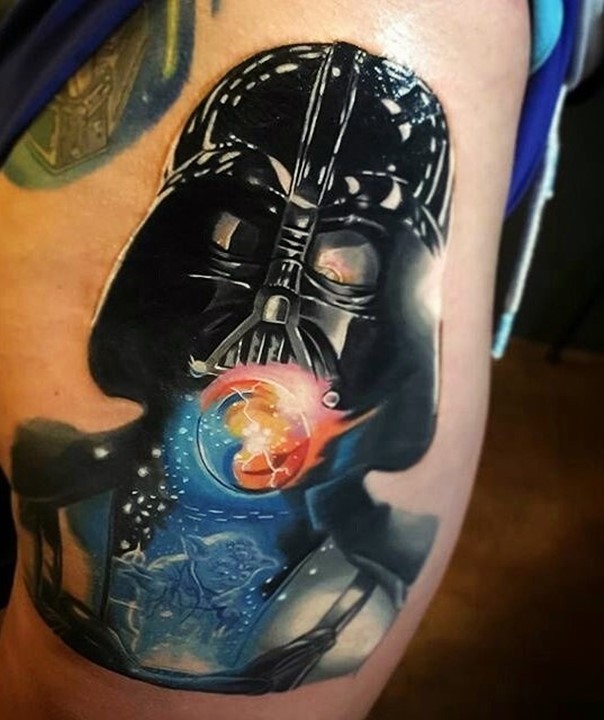 Incredible 3D like very detailed shoulder tattoo of Darth Vader stylized with Yoda