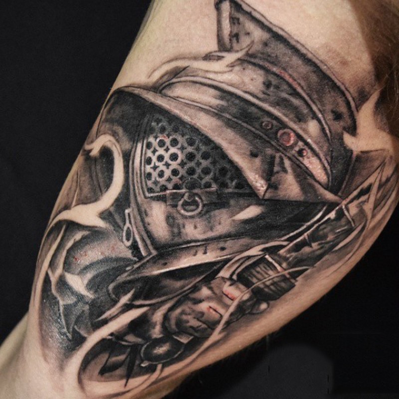 Incredible black and white biceps tattoo of gladiator