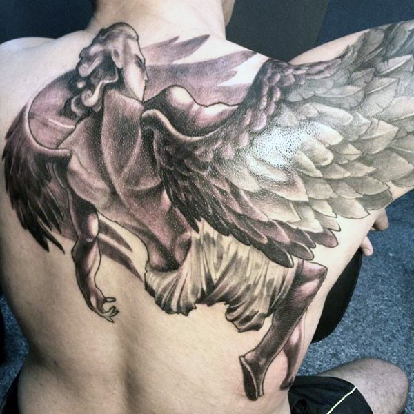 Incredible black and white upper back tattoo of angel