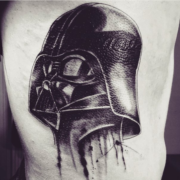 Incredible black and white very detailed Darth Vader tattoo on thigh