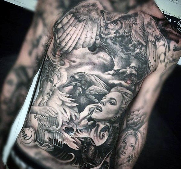 Incredible black ink realism style various birds tattoo on whole chest and belly combined with woman portraits