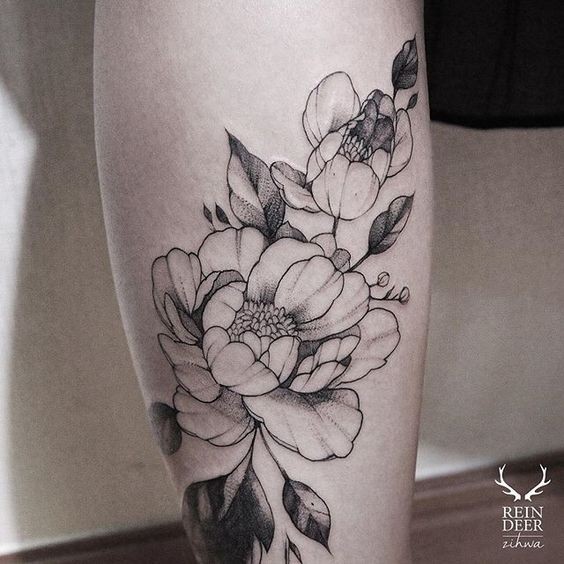 Incredible blackwork style leg tattoo of rose with leaves by Zihwa