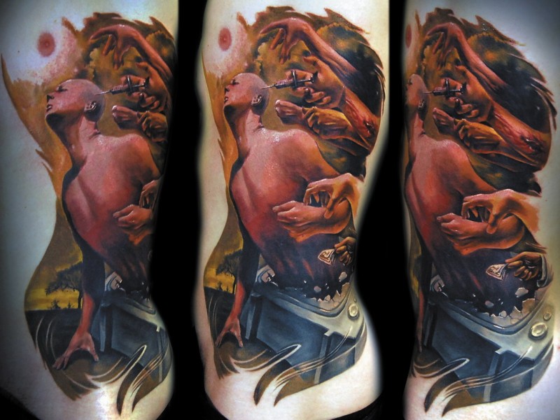 Incredible colored big side tattoo of human with creepy arms