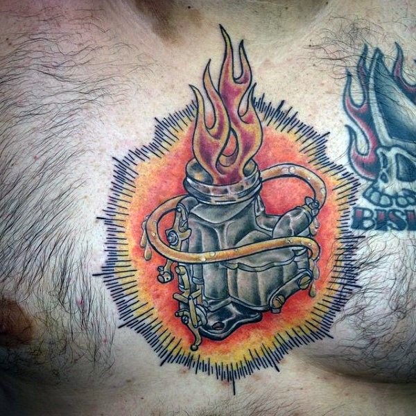 Incredible colored chest tattoo of burning engine part