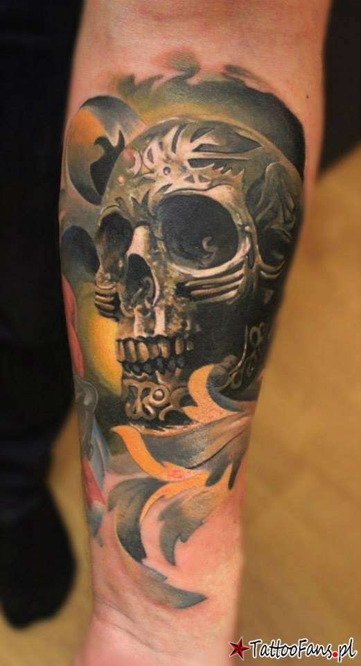 Incredible colored forearm tattoo of human skull with ornaments