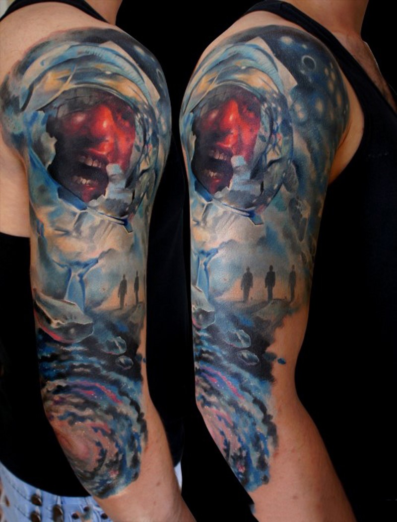 Incredible colored massive space themed tattoo on arm