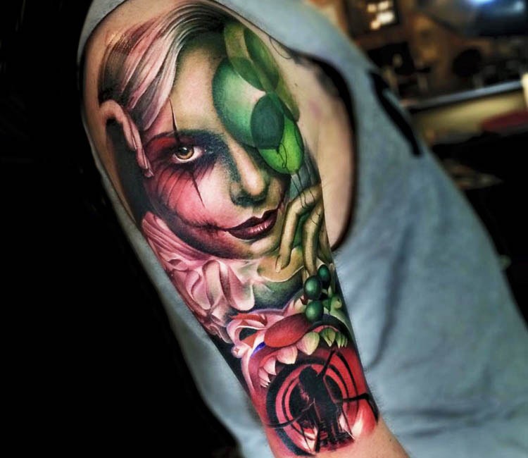 Incredible colored shoulder tattoo of creepy woman with flowers