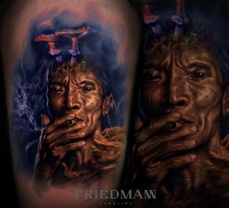 Incredible colored thigh tattoo of smoking old man