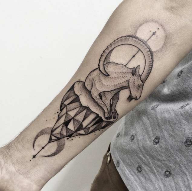 Incredible cult themed black ink forearm tattoo of goat with symbols