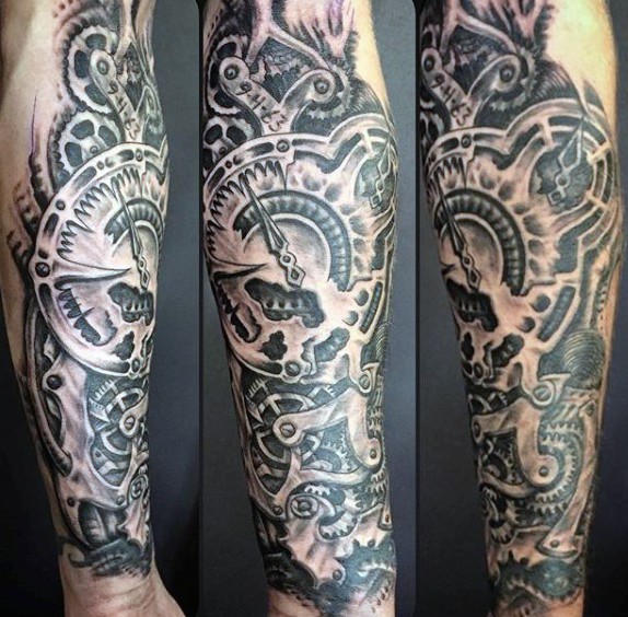 Incredible designed very detailed mystic mechanism black ink tattoo on arm