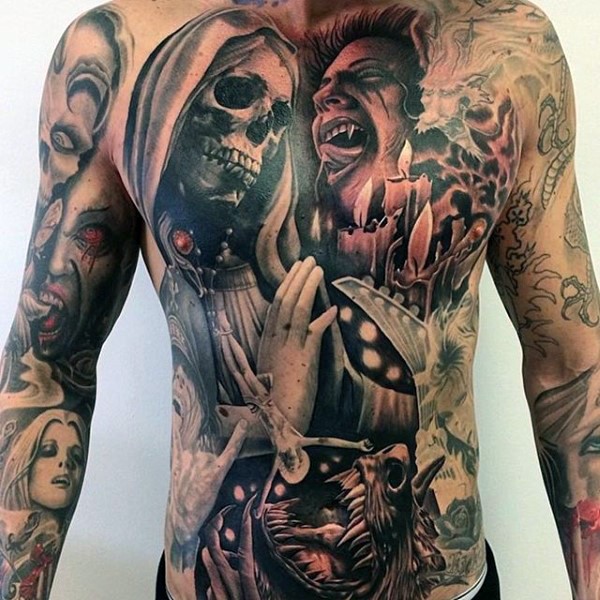 Incredible large colored colored horror style whole body tattoo of various monsters