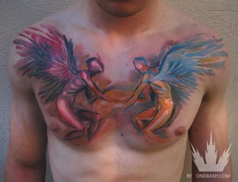 Incredible looking abstract style multicolored chest tattoo of angel and demon