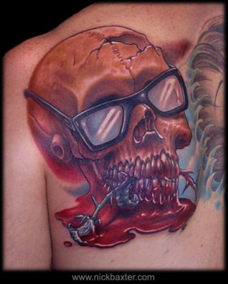 Incredible looking colored bloody back tattoo of human skull with glasses